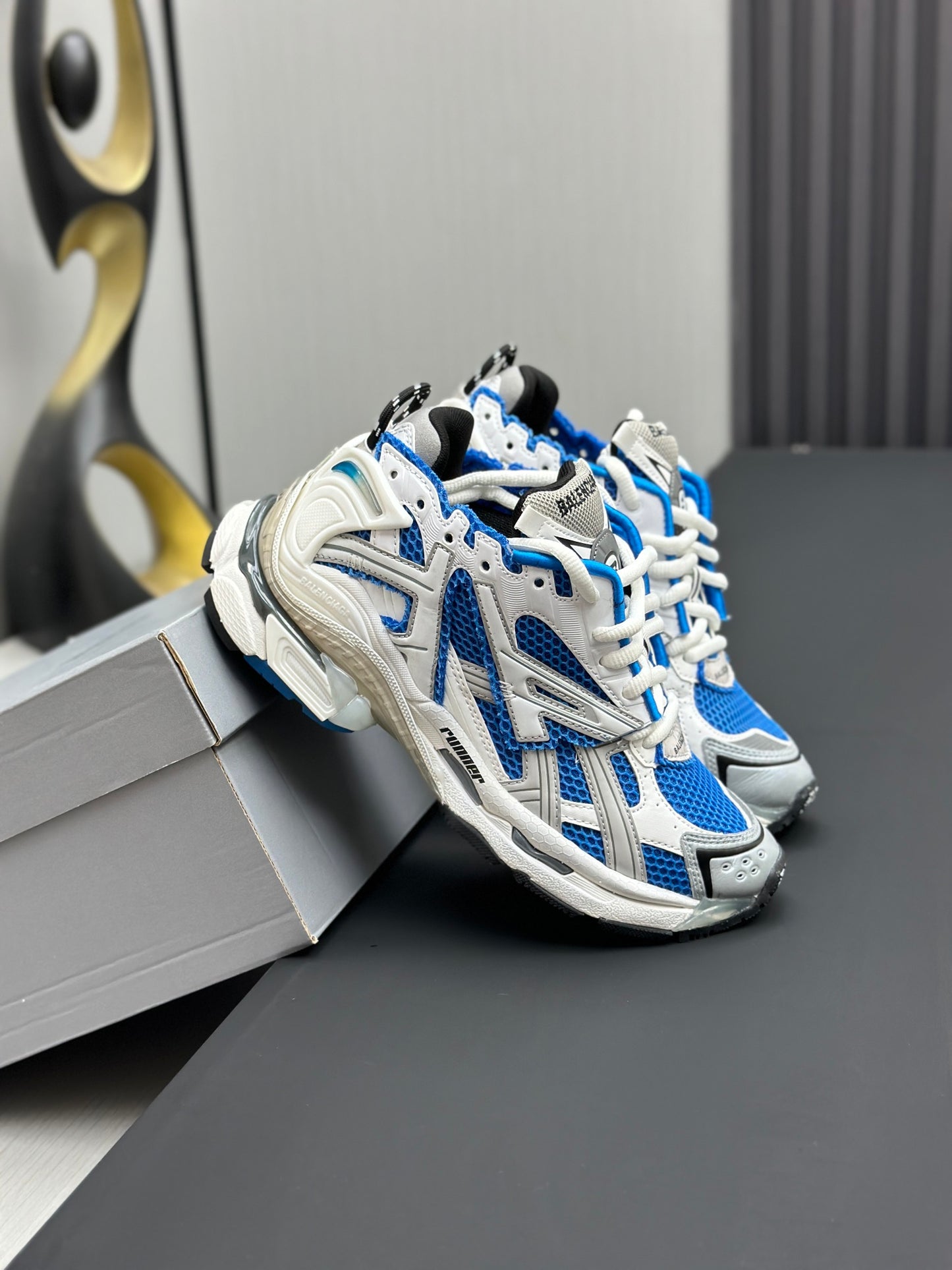 Blue & Silver Chunky Mesh Sneakers – Sporty Streetwear Style