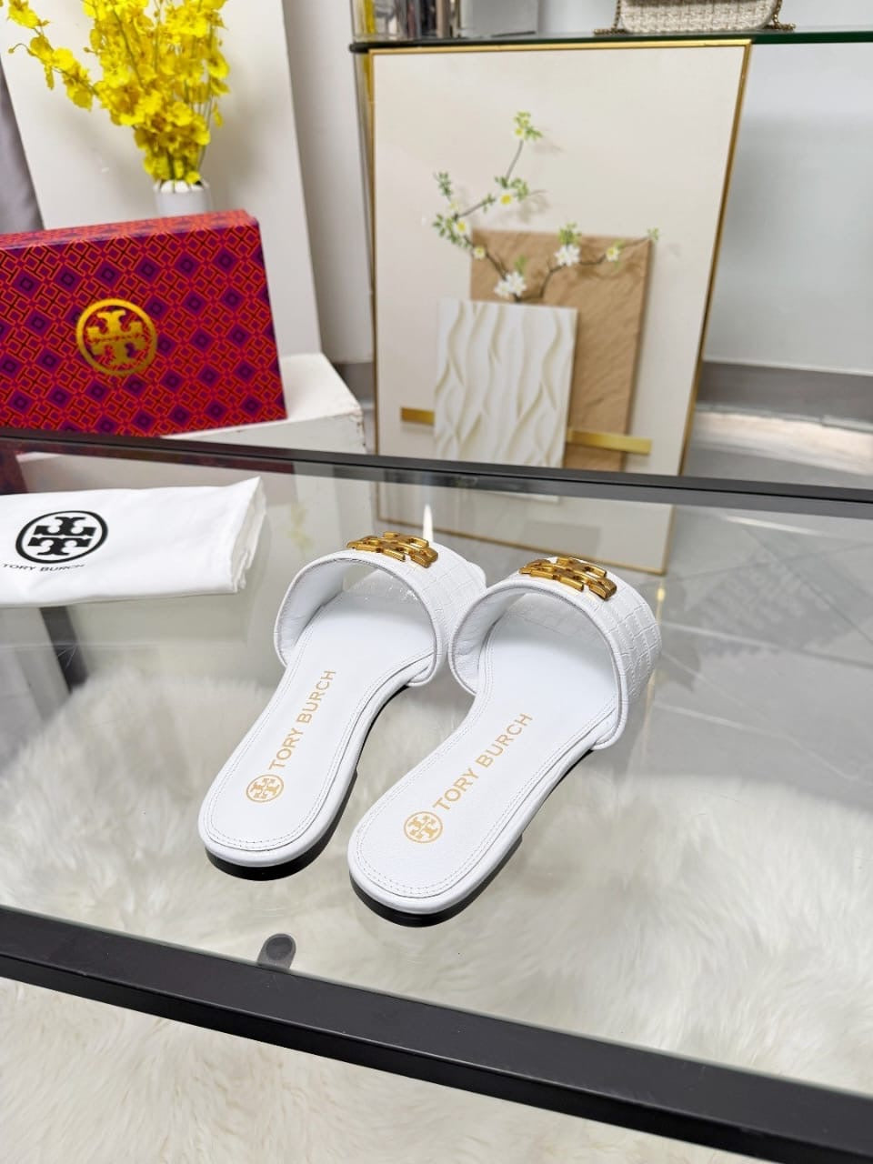 Elegant White Tory Burch Luxury Slides 🤍✨