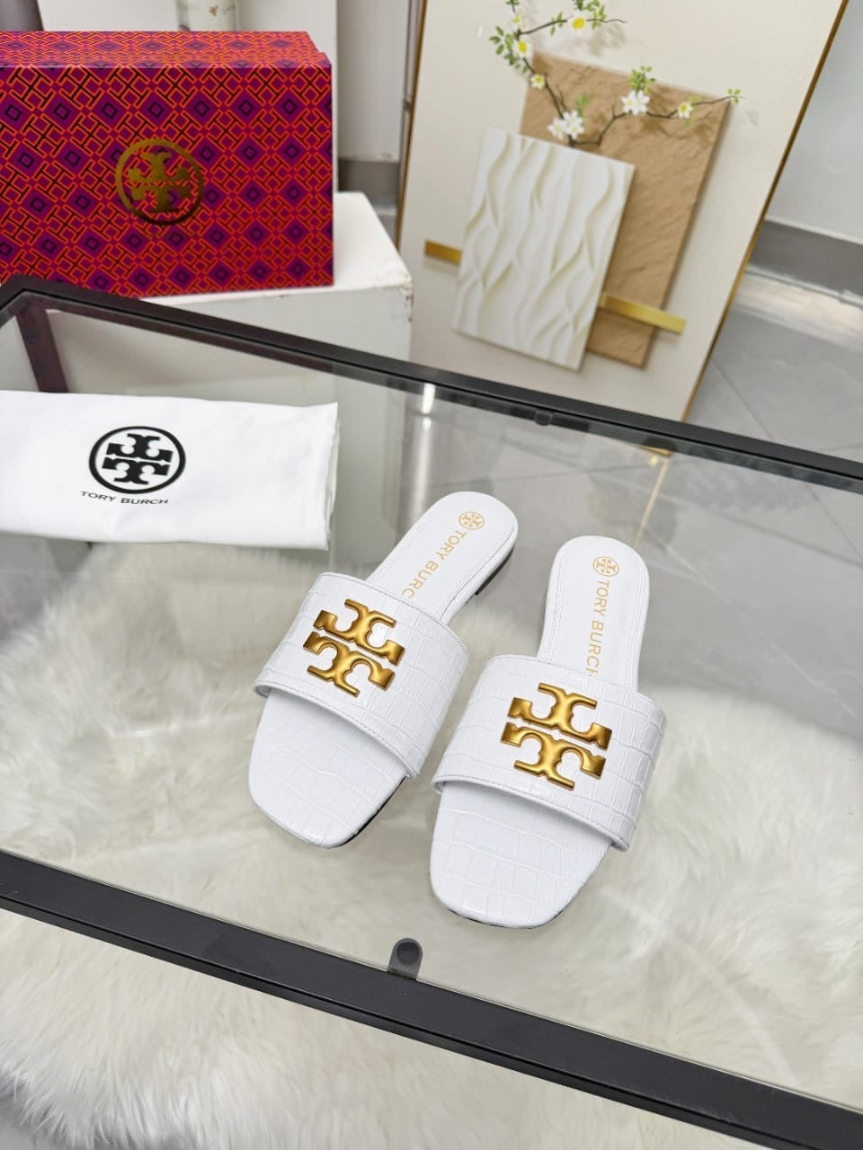 Elegant White Tory Burch Luxury Slides 🤍✨