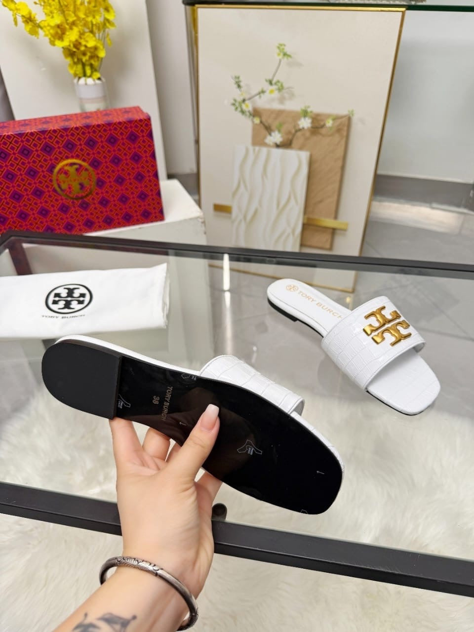 Elegant White Tory Burch Luxury Slides 🤍✨