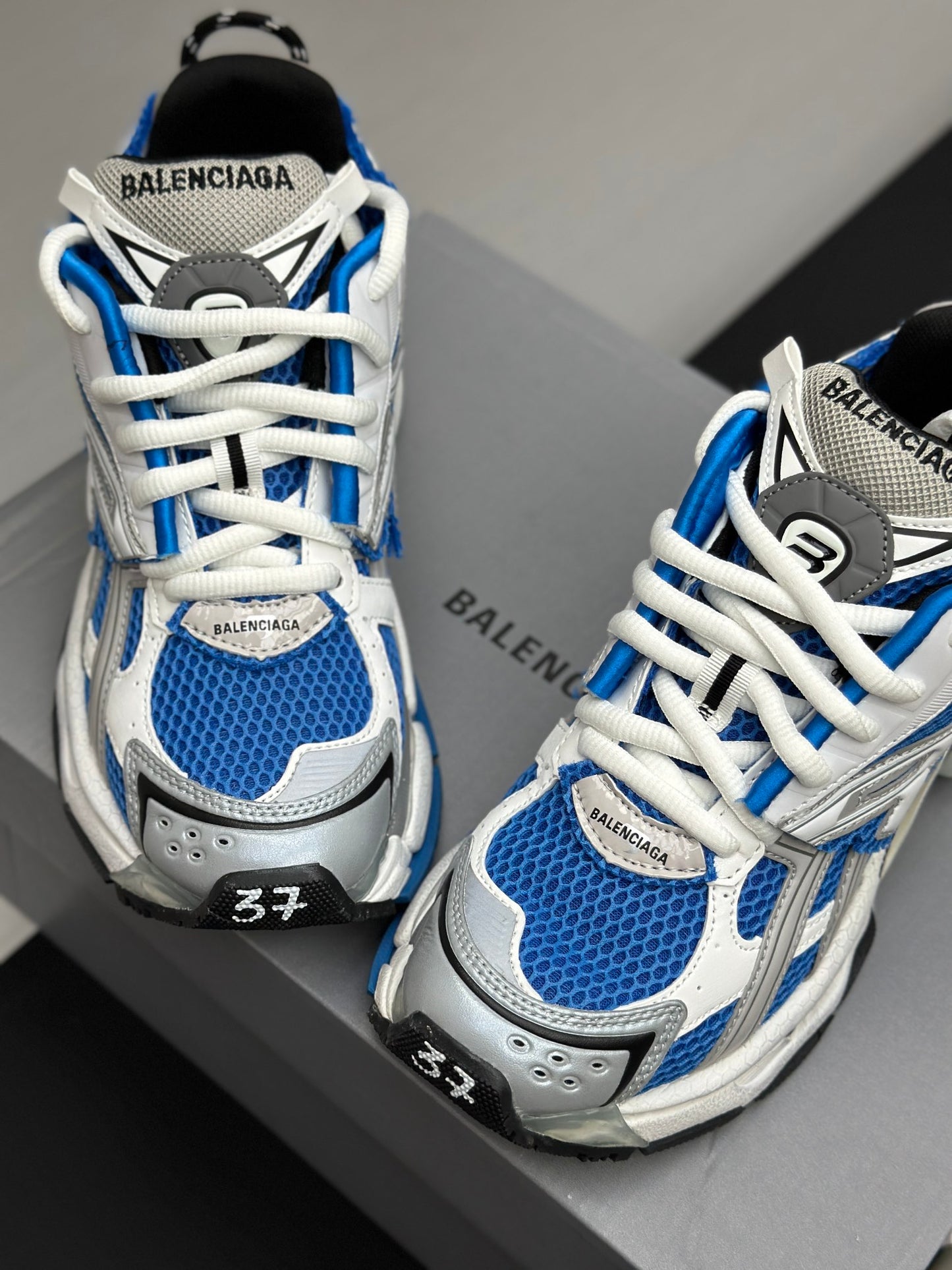 Blue & Silver Chunky Mesh Sneakers – Sporty Streetwear Style