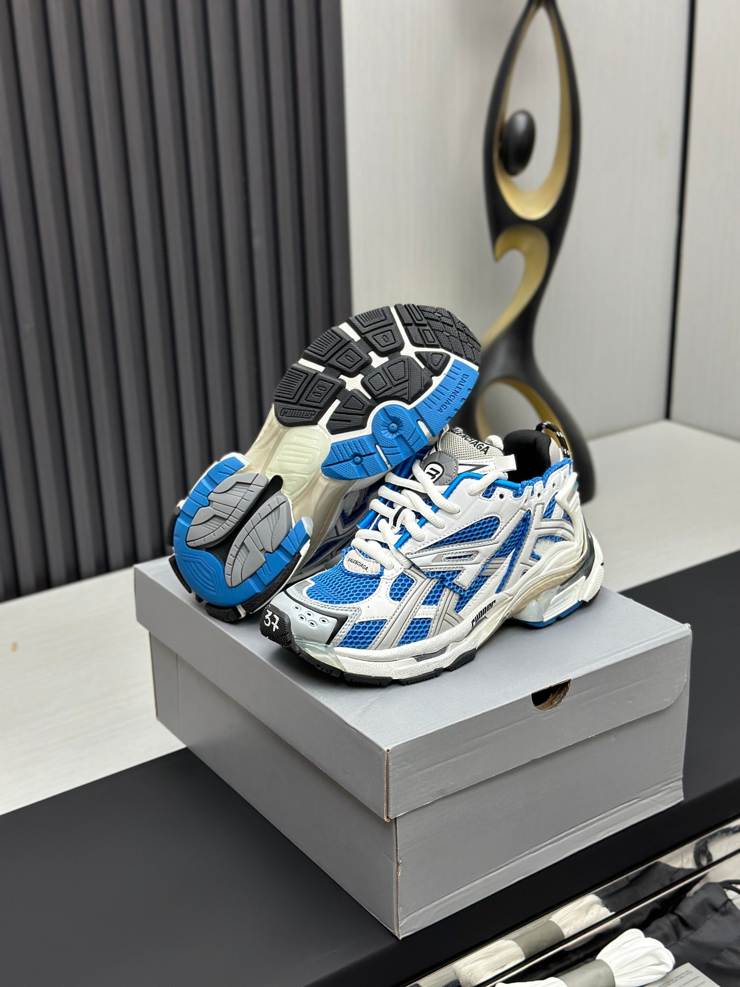 Blue & Silver Chunky Mesh Sneakers – Sporty Streetwear Style