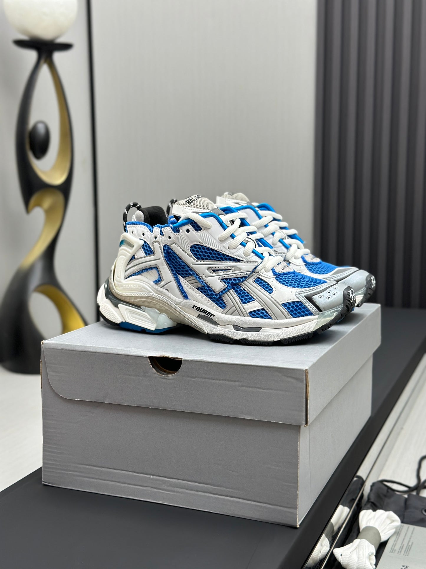 Blue & Silver Chunky Mesh Sneakers – Sporty Streetwear Style