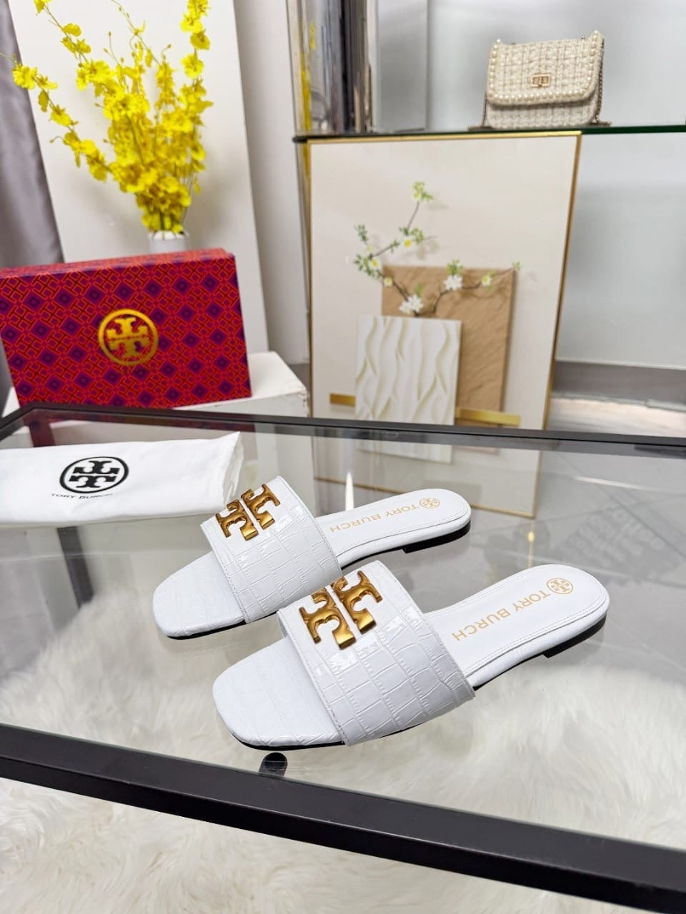 Elegant White Tory Burch Luxury Slides 🤍✨