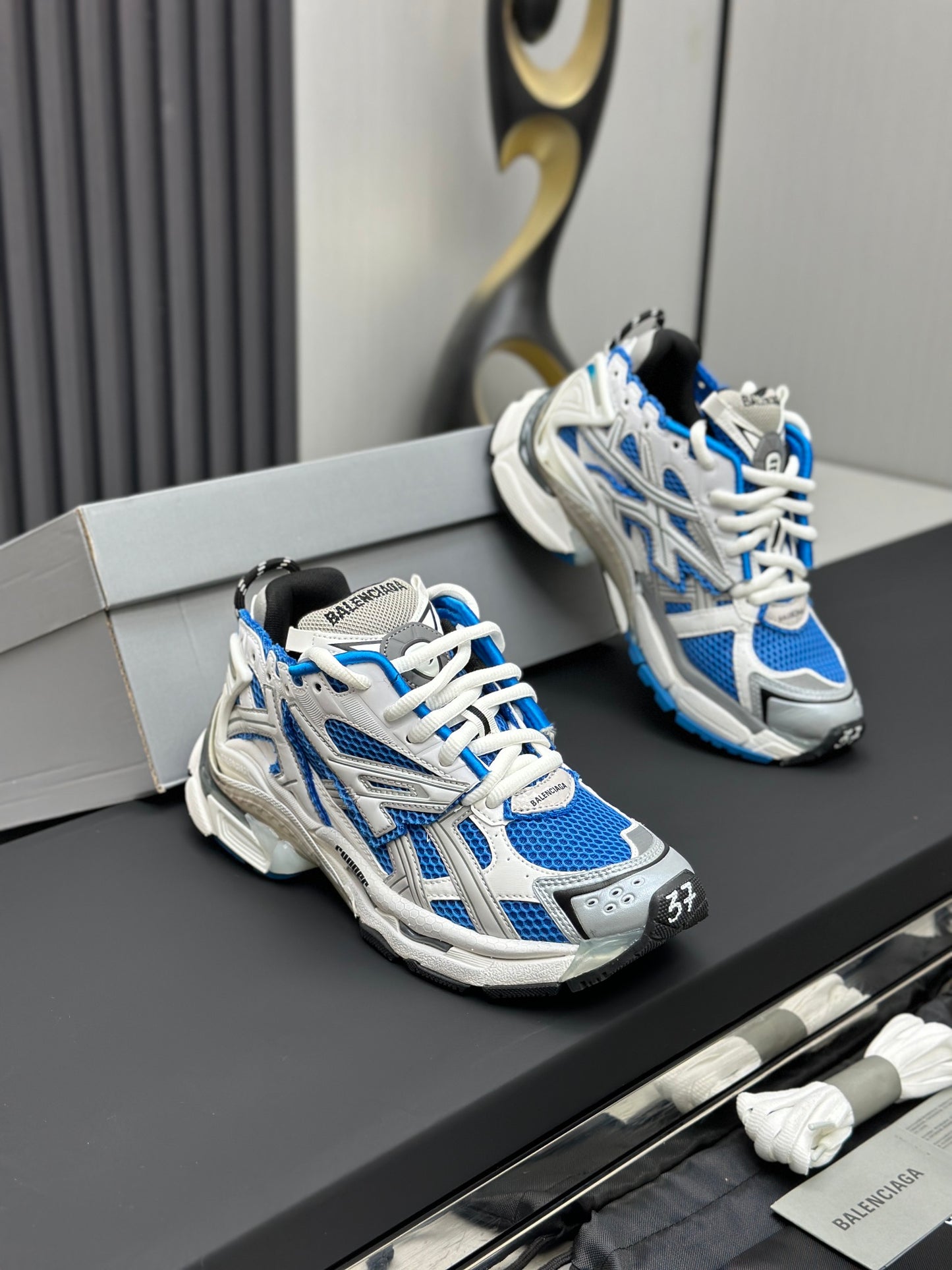 Blue & Silver Chunky Mesh Sneakers – Sporty Streetwear Style