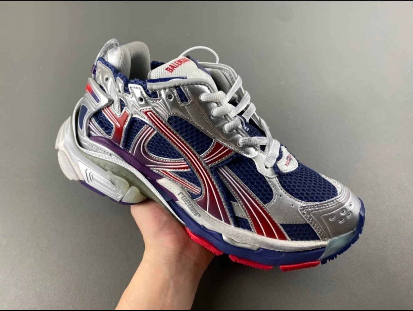 Balenciaga Chunky Multi-Color Mesh Sneakers – Silver/Blue/Red Designer Trainers