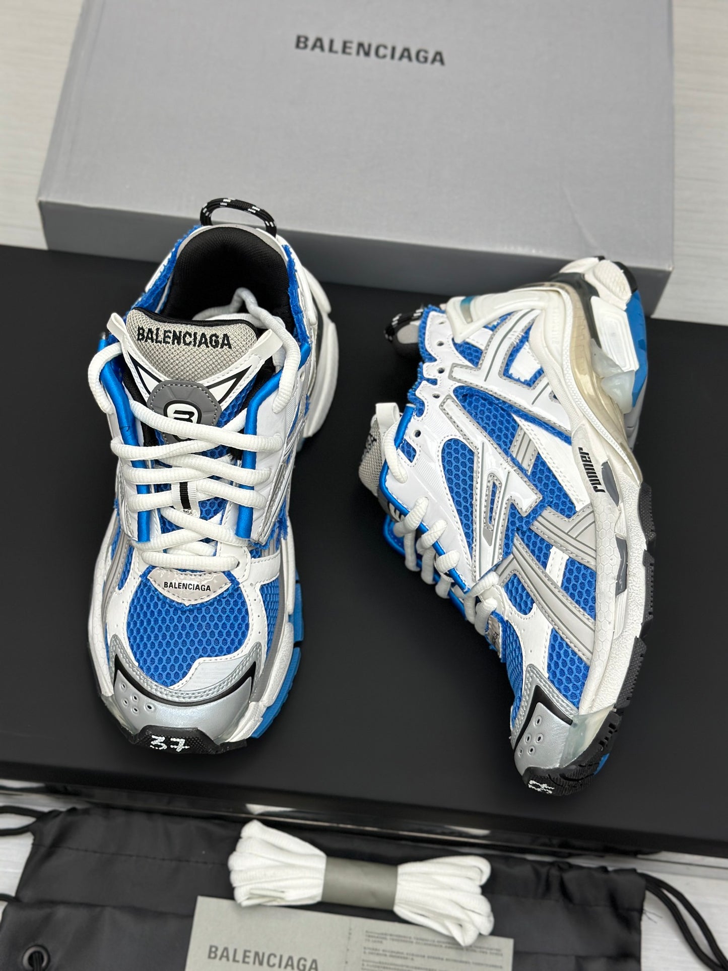 Blue & Silver Chunky Mesh Sneakers – Sporty Streetwear Style
