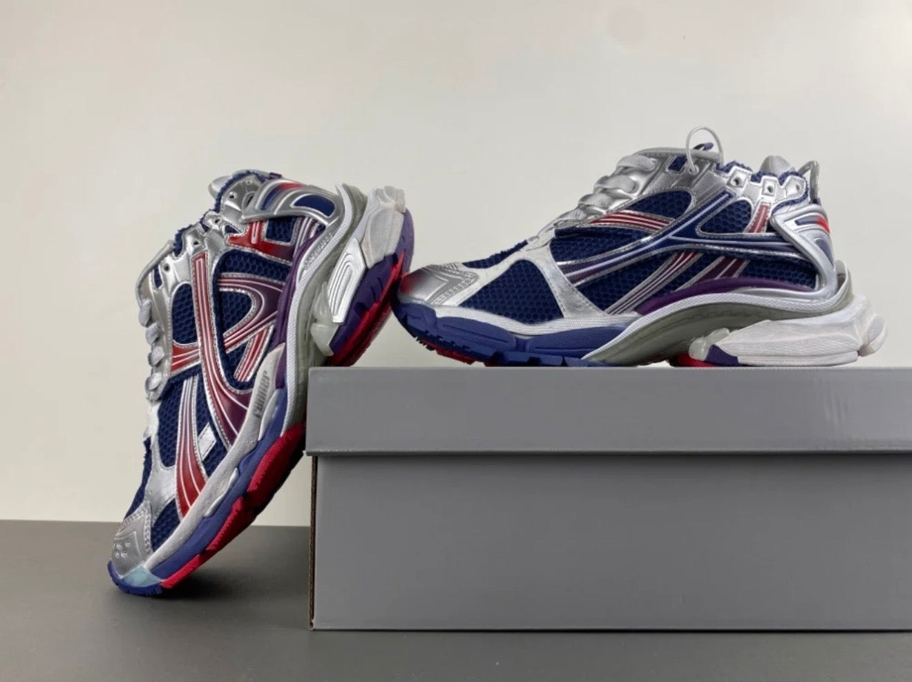 Balenciaga Chunky Multi-Color Mesh Sneakers – Silver/Blue/Red Designer Trainers