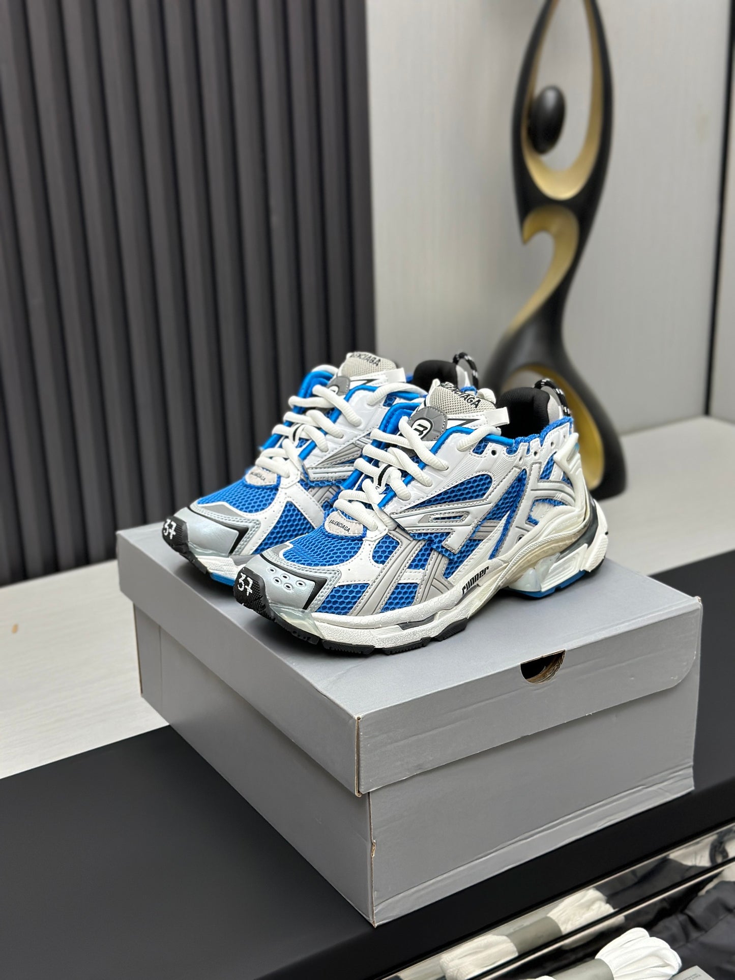 Blue & Silver Chunky Mesh Sneakers – Sporty Streetwear Style